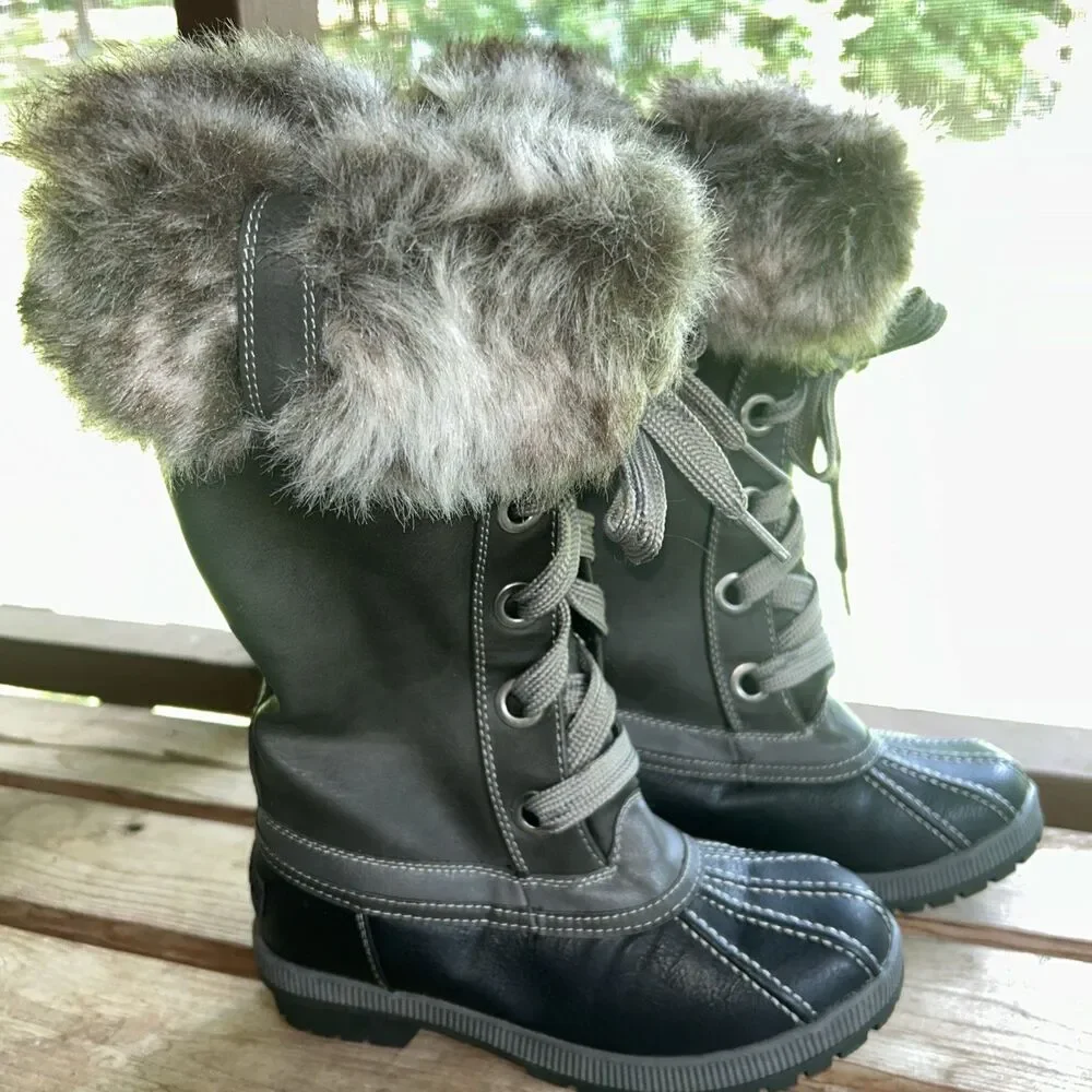 London Fog Winter Snow Boots Melton 2 Black Gray Faux Fur Trim Mid Womens Size 6